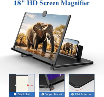 18" Screen Magnifier for Cell Phone – 3D HD Magnifing Screen Enlarger Projector for Movies Videos and Gaming – Foldable Phone Stand Holder with Screen Amplifier–Compatible with All Smartphones - color: Black-18''