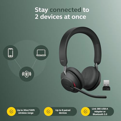 Jabra Evolve2 65 Bluetooth Wireless Headset with Mic for Calls and Music, Dual-Ear Headphones with USB-A Adapter, Up to 37 Hours Battery, Noise-Cancelling, Works with Microsoft Teams, Black (189) - size: USB-A Dongle, style: Teams Certified