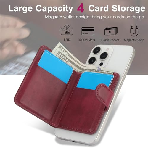 HAII for MagSafe Card Wallet Bag compatible with MagSafe Invisible Ultra-Thin Lightweight Kickstand Magnetic Mobile Wallet Man Woman, 4 Card Slots + 1 Cash Bag. (Red, Buckle Wallet) - color: Red, size: 4 Card Slots + 1 Cash Bag - Buckle Wallet