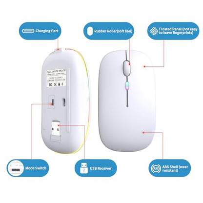 Afaartcci Rechargeable Wireless Mouse, Silent Bluetooth Mouse(White) - color: white
