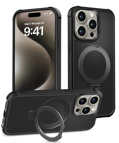 Magnetic for iPhone 15 Pro Max Case Built-in Seamless Stand, Black | with Screen Protector, [Compatible with MagSafe] Protective Shockproof Slim Phone Case - color: Black, size: iPhone 15 Pro Max 6.7"