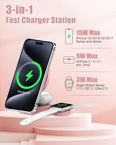 3-in-1 Magnetic Wireless Charger for iPhone, Apple Watch & AirPods, Pink - color: Pink