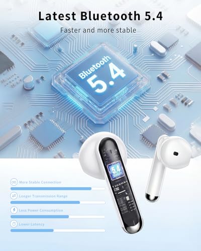 Wireless Earbuds, 2026 Bluetooth 5.4 Headphones Bass Stereo Ear Buds with Noise Cancelling Mic, LED Display in Ear Earphones 50H Playtime Ear Buds, IP7 Waterproof for Laptop Pad Phones Pure White