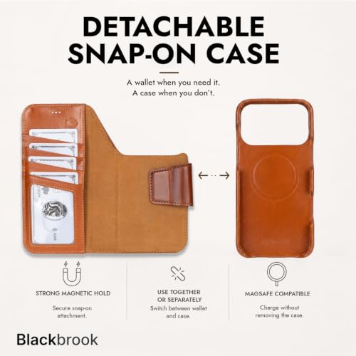 BLACKBROOK Detachable Leather Wallet Case Compatible with iPhone 17 Pro | Full-grain detachable folio with RFID blocking, 3 card slots, ID window, built-in kickstand, wireless charging, handcrafted. - color: Burnished Tan, size: iPhone 17 Pro