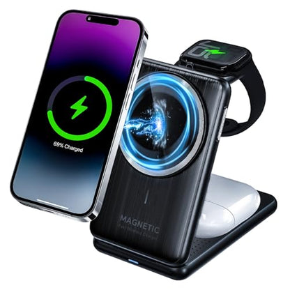 Upgraded 3-in-1 Magnetic Wireless Charger, Foldable Charging Station, Electromagnetic Induction Base,Compatible with MagSafe,Compatible with iPhone 12-17 Series, Apple Watch, and AirPods