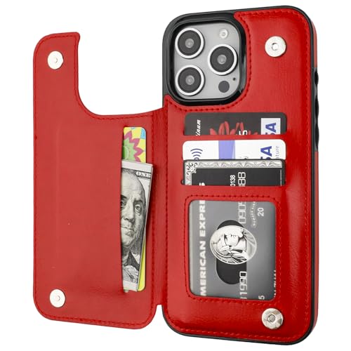ONETOP for iPhone 16 Pro Max Wallet Case with Credit Card Holder,Red | Kickstand,ID/Cash Holder,Case Wallet with Card Slots,Double Magnetic Clasp,Durable PU Leather Shockproof Cover for Women Men - color: Red