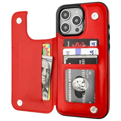 ONETOP for iPhone 16 Pro Max Wallet Case with Credit Card Holder,Red | Kickstand,ID/Cash Holder,Case Wallet with Card Slots,Double Magnetic Clasp,Durable PU Leather Shockproof Cover for Women Men - color: Red