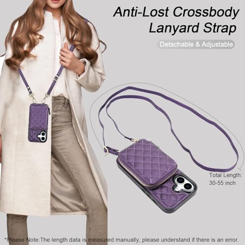 Bocasal Crossbody Wallet Case Card Holder for iPhone 17, Dark Purple | RFID Blocking PU Leather Zipper Handbag Purse, Kickstand Flip Folio Case with Card Slots Holder Wrist Strap Lanyard 6.3 Inch - color: Dark Purple