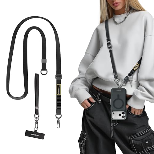 MAGEASY 2-in-1 iPhone Lanyard Crossbody + Wristlet + Tether Tab & Keychain Clip, Adjustable Phone Strap, Hands-Free Anti-Theft Travel Rave Accessories for Cell Phone (Black) - color: Black