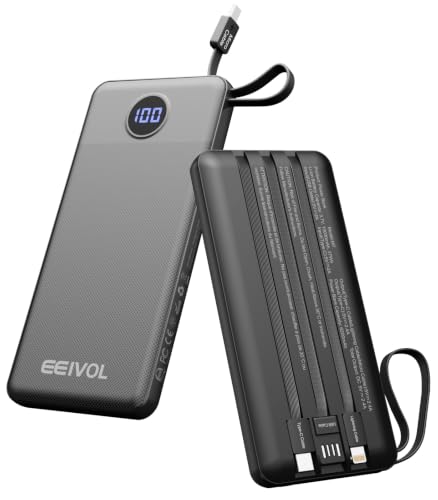Portable Charger Built in 4 Cables, 10000mAh Power Bank, Black - color: Black