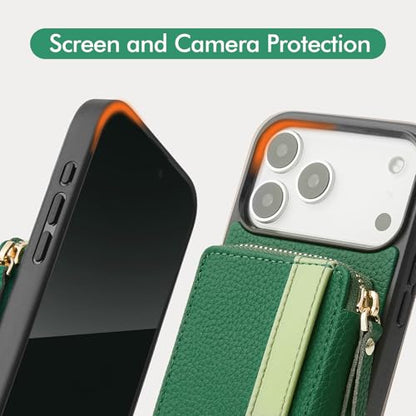 LAMEEKU for iPhone 17 Pro Wallet Case Crossbody, Card Holder Phone Grip Stand Cover Wrist Strap 6.3 inch Dark Green - color: Green, size: iPhone 17 Pro 6.3''
