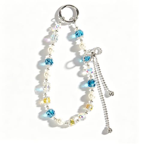 Rhinestone Bead Phone Charm for Women, Butterfly Bow Beaded Wrist Strap Lanyard with Tether Tab – Anti-Theft Hands-Free Detachable Phone Chain Wristlet - color: Rhinestone Long Tassel Bow Blue Beads