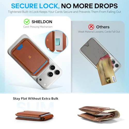 SHIELDON Genuine Leather Magnetic Wallet Stand for MagSafe, Retro Brown | Strong Magnetic, Card Holder, Kickstand, Angle Adjustment, Rfid Blocking, for iPhone 17/16/15/14/13/12 Series & Magnet Case - color: Brown - Retro