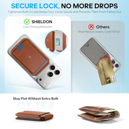 SHIELDON Genuine Leather Magnetic Wallet Stand for MagSafe, Retro Brown | Strong Magnetic, Card Holder, Kickstand, Angle Adjustment, Rfid Blocking, for iPhone 17/16/15/14/13/12 Series & Magnet Case - color: Brown - Retro