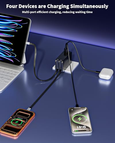 Retractable Charger USB C Charging,45W Retractable iPhone 17 16 Charger Wall Plug,4 in 1 Foldable Plug with Dual USB C Cable Ultra-Compact Travel Charging for iPhone Air/17/17Pro/17 Pro Max/16/15,iPad