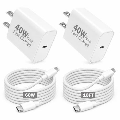 40W GaN III USB C Charger Block with 10FT Cable, PD 3.0 PPS Fast Charging - color: White