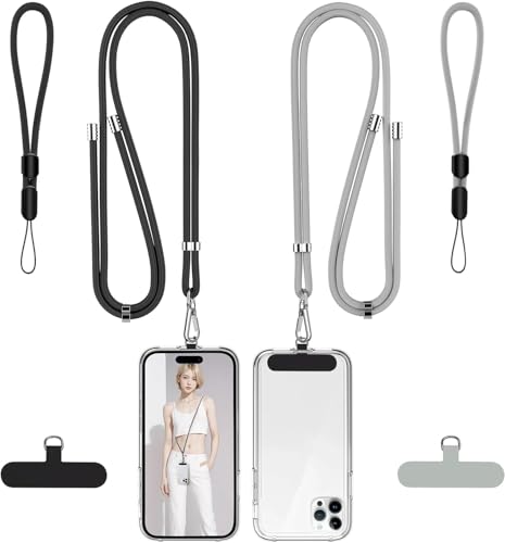 takyu Phone Lanyard, 2 Pack Adjustable Cell Phone Lanyard Crossbody Neck Strap & 2 Pack Phone Wrist Strap with 2 Pcs Tether Tabs Compatible for iPhone Android Smartphones-Black Grey - color: Black+grey