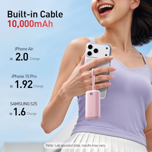 iWALK Mini Portable Charger 10,000mAh, 22.5W USB-C Fast Charging Power Bank with Built-in Cable, Travel Essential Ultra-Small Battery Pack Compatible for iPhone 17/16/16 Pro/15, Samsung, Google, Pink - color: Pink 22.5W
