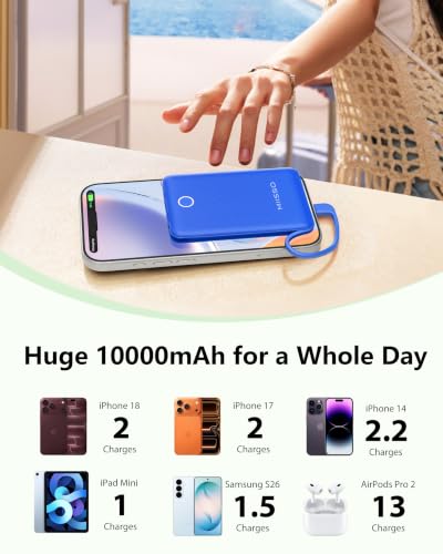miisso 10000mAh Mini Portable Charger with Built in Cable, Deepblue - color: Deepblue