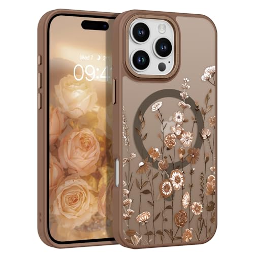 GUAGUA for iPhone 16 Pro Max Case [Compatible with MagSafe] Cute Flower Pattern Magnetic Cases Translucent Matte Back Slim Shockproof Protective Phone Case for iPhone 16 Pro Max 6.9'', Brown - color: Brown, size: for iPhone 16 Pro Max
