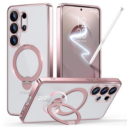 GolbinBox Magnetic for Samsung Galaxy S26 Ultra Case with 360° Spin Stand | [Compatible with MagSafe][Military Drop Protection] Shockproof Galaxy S26 Ultra Phone Cover with Kickstand, Warm Pink/Clear - color: Warm Pink/Clear