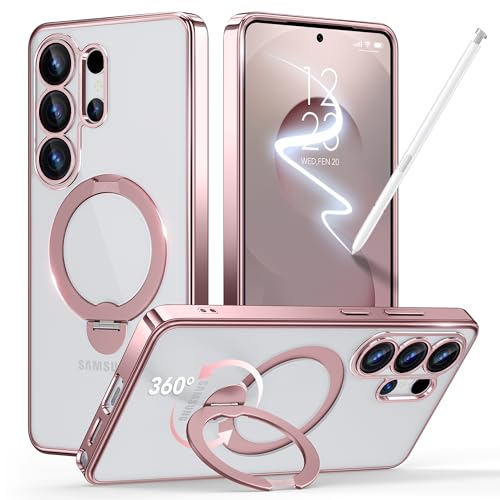 GolbinBox Magnetic for Samsung Galaxy S26 Ultra Case with 360° Spin Stand | [Compatible with MagSafe][Military Drop Protection] Shockproof Galaxy S26 Ultra Phone Cover with Kickstand, Warm Pink/Clear - color: Warm Pink/Clear