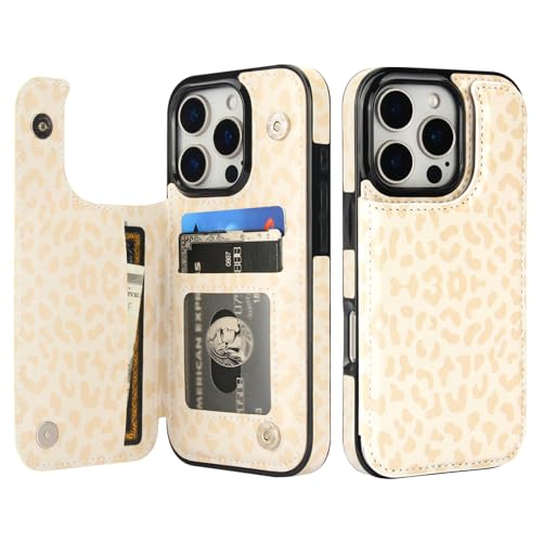 HAOPINSH for iPhone 16 Pro Wallet Case with Card Holder, Cream-Coloured Leopard Pattern Back Flip Folio PU Leather Kickstand Card Slots Case for Women Girls, Double Magnetic Clasp Shockproof 6.3" - color: Cream-coloured Leopard
