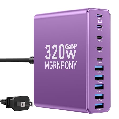 320W USB C Charger Block, MGRNPONY 10-Port GaN USB C Charging Station - color: Purple