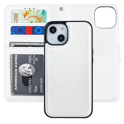 Bocasal Detachable Wallet Case Card Holder for iPhone 15, White | RFID Blocking Kickstand Card Slots Holder PU Leather Magnetic Shockproof Wrist Strap Removable Flip Protective Cover 6.1 inch - color: White