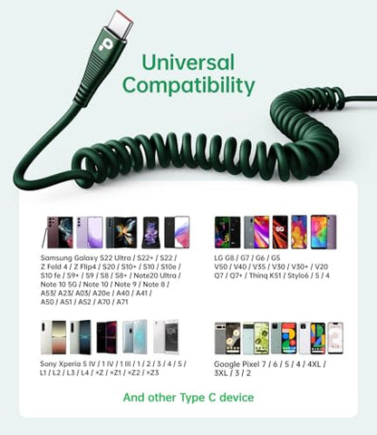 USB C Cable Fast Charging 60W 5FT 2Pack Coiled USB A to USB C Cable for Car - color: Green, size: 5FT, style: USB A to USB C