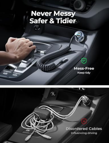 for iPhone 18/17 Pro Max Car Charger USB C Fast Charge with Coiled Cable - color: Black - 36 inch