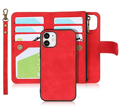 iCoverCase for iPhone 12 Mini Wallet Case with Card Holder and Wrist Strap, PU Leather Kickstand Card Slots Zipper Pocket Magnetic [Detachable] Flip Cover Case 5.4 Inch (Red) - color: Red