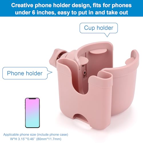 Accmor Stroller Cup Holder with Phone Holder, Bike Cup Holder, Universal Cup Holder for Uppababy Nuna Strollers, 2-in-1 Drinks Holder for Walker, Wheelchair, Scooter - color: All Light Pink