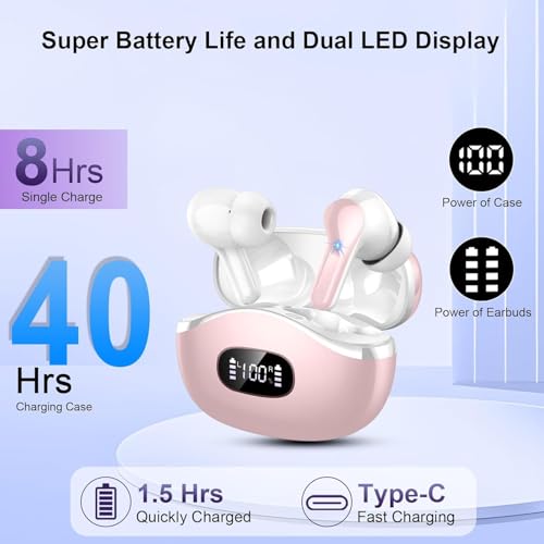 Wireless Earbuds, Bluetooth Headphones 5.4 HiFi Stereo Ear buds with ENC Noise Cancelling Mic, 40H Bluetooth Earbuds with Dual LED Display Charging Case, IP7 Waterproof Earphones for Android iOS, Pink - color: Pink