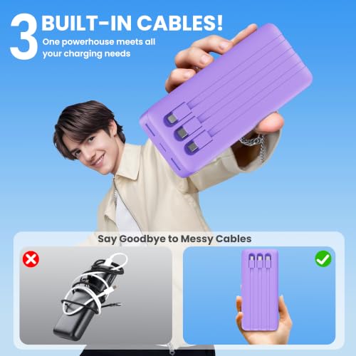 Portable Charger 50800mAh Power Bank with 3 Built in Cables,25W PD QC4.0 Fast Charging USB C Battery Pack,6 Outputs 2 Inputs Travel Essentials Phone Charger for iPhone 18/17/16/15/Pro,Android,Purple - color: Purple