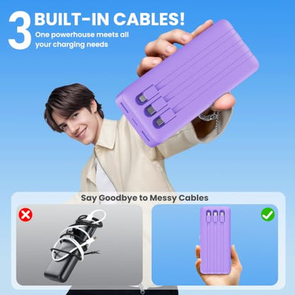 Portable Charger 50800mAh Power Bank with 3 Built in Cables,25W PD QC4.0 Fast Charging USB C Battery Pack,6 Outputs 2 Inputs Travel Essentials Phone Charger for iPhone 18/17/16/15/Pro,Android,Purple - color: Purple
