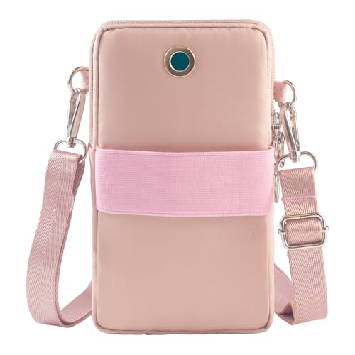 Small Crossbody Bag for Women, Multi Zip Pockets Nylon Wallet Purse Credit Card Holder with Detachable Hand Strap - color: Pink