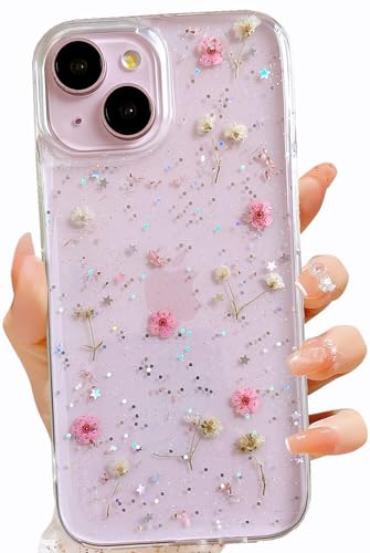 LSEEKA for iPhone 15 / iPhone 14/ iPhone 13 Clear Case with Pressed Real Flowers Design,Glitter Cute Pink Floral Pattern Soft TPU Protective Women Girl's Phone Cover for iPhone 13/14/15 - color: Pink, size: for iPhone 13/ iPhone 14/ iPhone 15