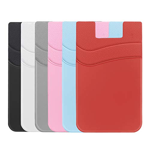 SS Card Holder for Phone Case - Silcone Stick On Credit Card Phone Wallet for Men & Women, Ultra-Thin & Portable, Compatible with iPhone/Android/Samsung Galaxy, Holds Cards & Cash, Hands-Free (6 pack) - color: black white grey pink blue red
