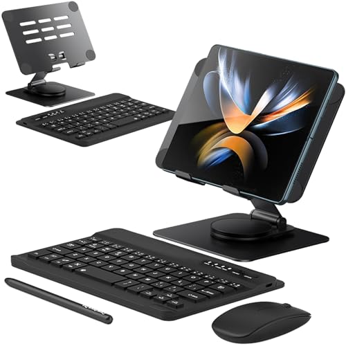 for Samsung Galaxy Z Fold 8 Ultra 7 6 5 All Fold Series Bluetooth Keyboard Stand Mouse & Pen Set, Portable Travel Wireless Keyboard Adjustable Foldable Aluminum Alloy Desk Holder for 4.7"-8.5" Tablets - color: Standard Base