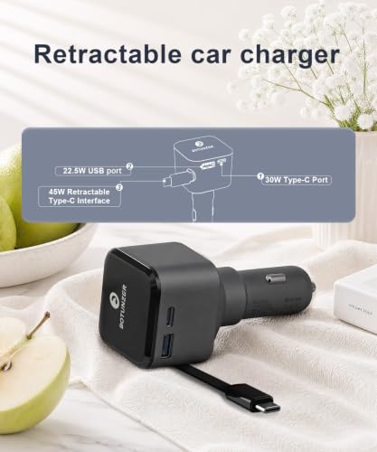97.5W Retractable Car Charger with Real-Time Voltage Display, 3 in 1 Fast USB C Car Charger Built-in 27in Retractable Cable for iPhone 12-17 Pro Max, Samsung Galaxy S25, Android