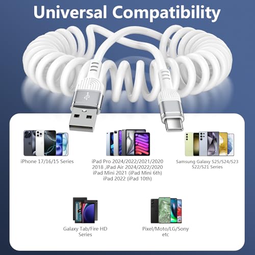 5FT Coiled USB A to C Cable for Google Pixel 11 Pro Fold/Pro XL, 11 Pro/11 - color: White
