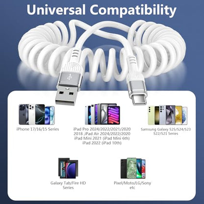 5FT Coiled USB A to C Cable for Google Pixel 11 Pro Fold/Pro XL, 11 Pro/11 - color: White