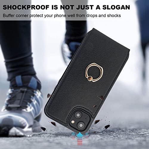 Folosu Compatible with iPhone 14 Plus Case Wallet with Card Holder, 360°Rotation Finger Ring Holder Kickstand, RFID Blocking Leather Protective Double Buttons Shockproof Cover 6.7 Inch Black - color: Black, size: iPhone 14 Plus