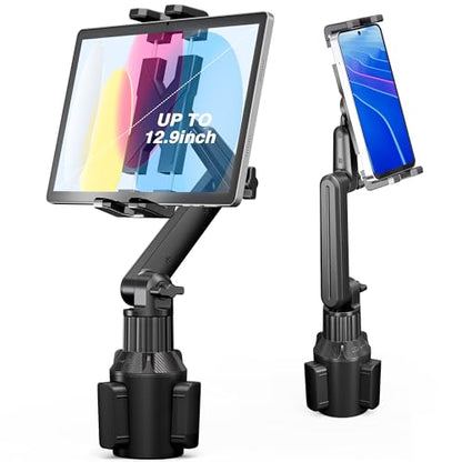 Cup Holder Car Tablet Mount for Truck, Ipad Cup Holder Car Mount with 15" Adjustable Arm Stand for Tablet iPhone 4.7-13in, iPad Pro Air Mini, Fire, iPhone 16 15, Galaxy S25 S24 Z Fold 6 5