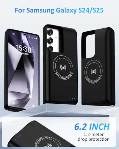 Battery Case for Samsung Galaxy S25/S24,10000mAh Qi Wireless Charging Magnetic Rechargeable Extended Charge Case, Portable Protective Power Bank for Samsung S25/S24(6.2") Black