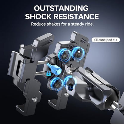 Motorcycle Phone Mount, CNC Aluminum Alloy Bike Phone Holder with Vibration Dampener & Dual 360° Ball Head, One-Click Lock Handlebar Clamp for iPhone 17 16 Pro Max Samsung (Mount002)