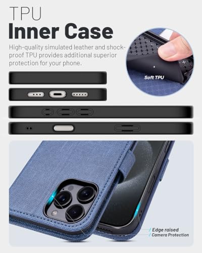 OCASE Compatible with iPhone 16 Pro Wallet Case, PU Leather Flip Folio Case with Card Holders RFID Blocking Kickstand [Shockproof TPU Inner Shell] Phone Cover 6.3 Inch 2024, Denim Blue | RFID Blocking, Flip Case, Magnetic Clasp, PU Leather Wallet Case, Ki