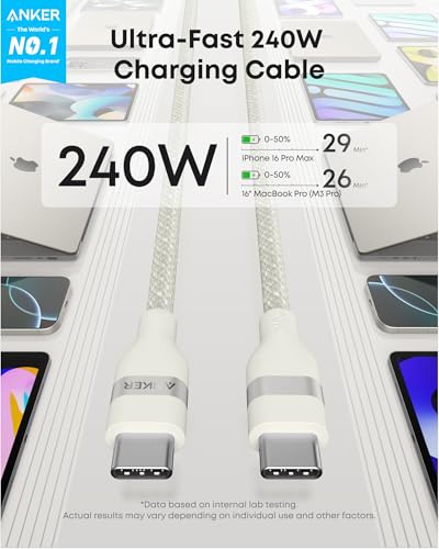 Anker Nano USB C to USB C Cable, 240W Fast Charging Cable (White, 6ft) - color: White, size: 6ft