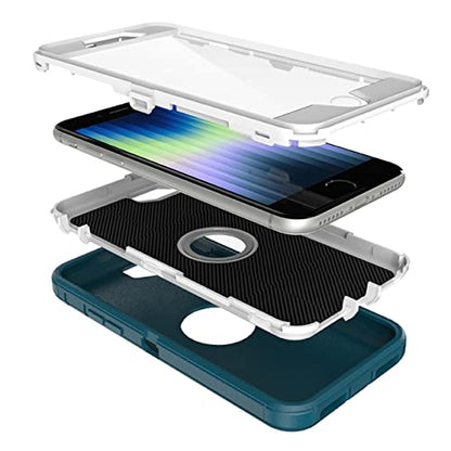 MXX Case Designed for iPhone SE Case 2020/2022 Heavy Duty Protective with Screen Protector [3 Layers] Rugged Rubber Protection Cover & Rotating 360 Degree Belt Clip SE 3rd/2nd Gen (Tuscan Teal/White) - color: Tuscan Teal/White